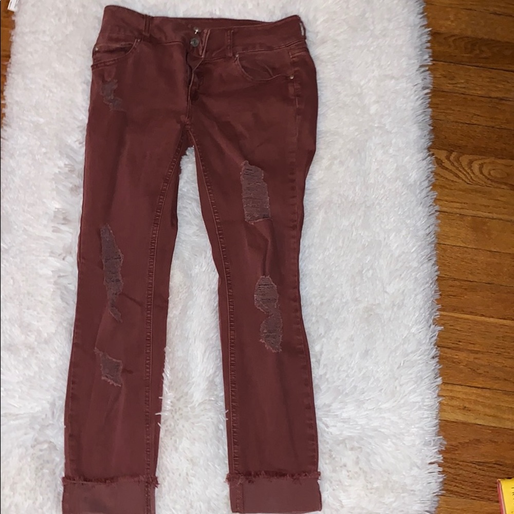 Burgundy Skinny jeans with stylish tears